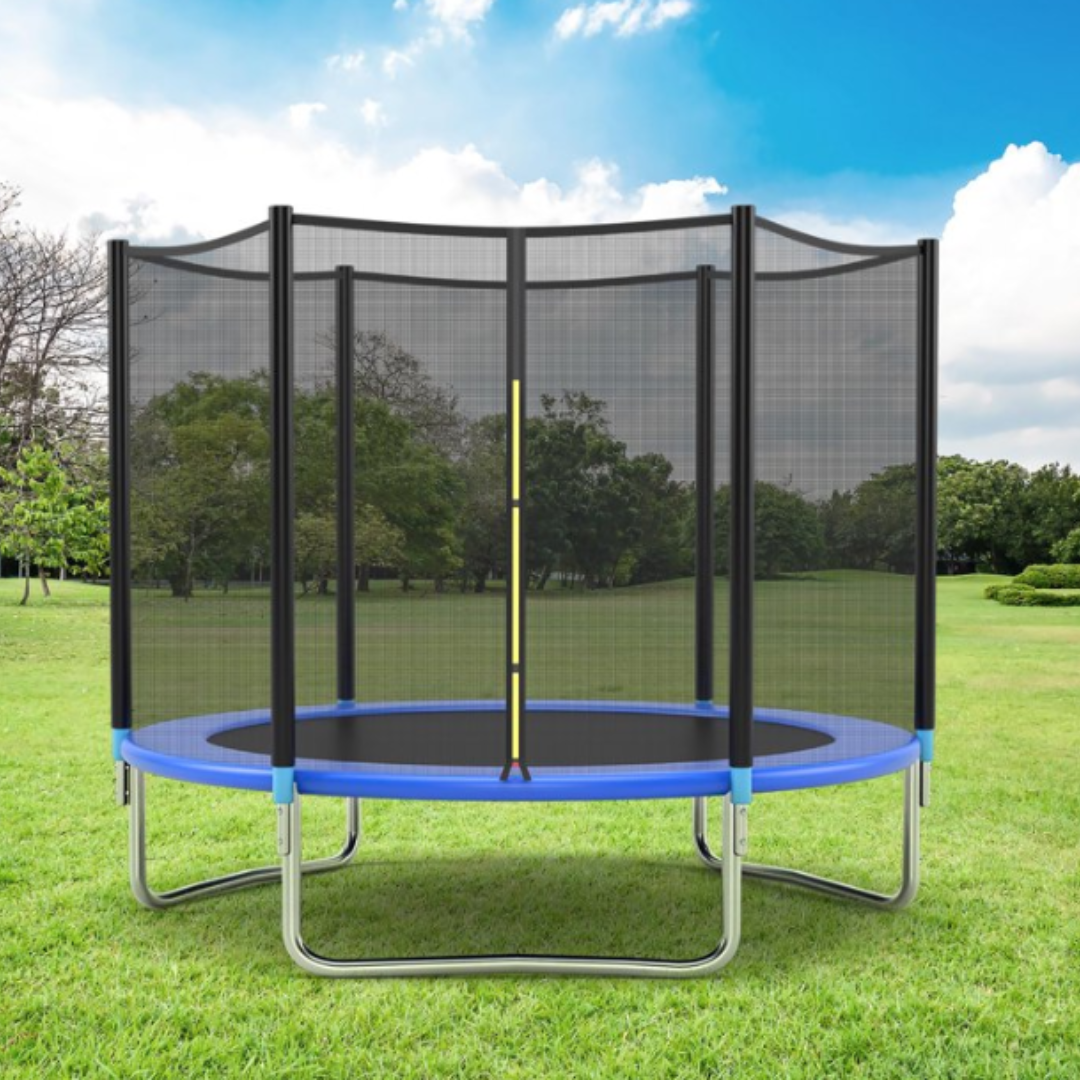 16ft commercial grade trampoline side view showing heavy duty galvanized frame and padding